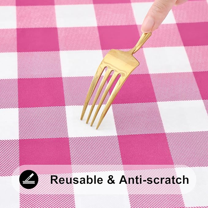 Smiry Rectangle Picnic Table Cloth, Elastic Waterproof Fitted Vinyl Tablecloths, Flannel Backed Buffalo Plaid Table Covers for Dining, Camping, Outdoor (Hot Pink and White, 30" x 60")