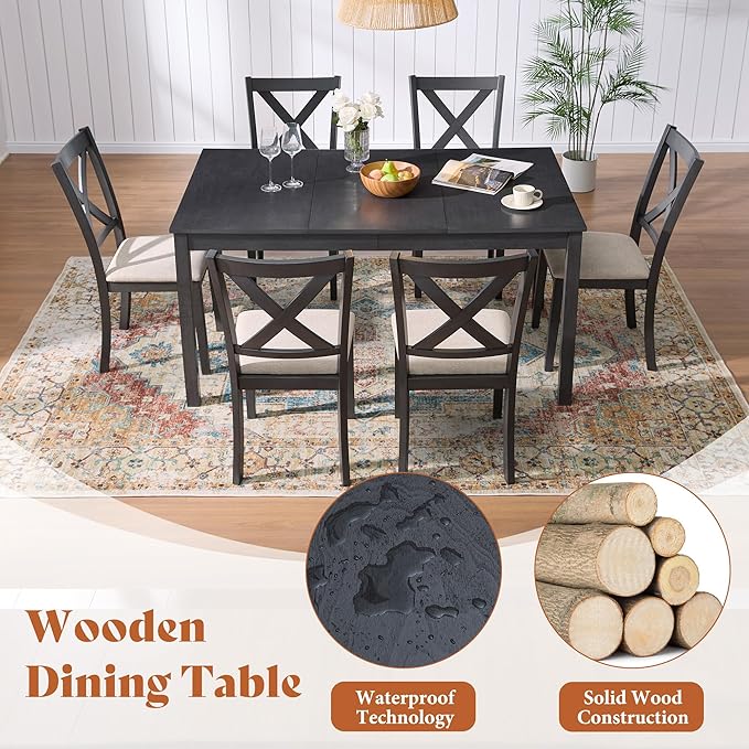 AMERLIFE 7-Piece Farmhouse Dining Table Set with 6 Upholstered Chairs, 60" Space-Saving Dining Table & Chair Set for Dining Room, Kitchen, Small Apartment, Restaurant, Grey