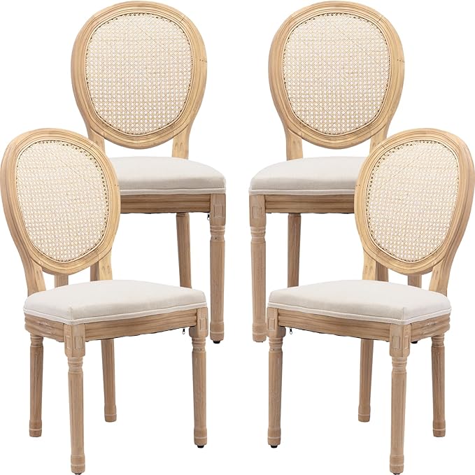 Vintage French Rattan Dining Chairs Set of 4, Solid Wood Frame with Round Rattan Back and Linen Upholstered Seat, Farmhouse Accent Sillas de Comedor Side Chairs for Dining Room & Kitchen, Beige