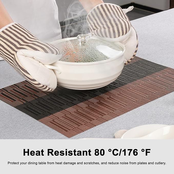 Placemats Set of 4, Vinyl Woven Place Mats Indoor Set of 4 Washable Wipeable PVC Table Mats Heat-Resistant Non Slip Plastic Placemat for Kitchen Dining Outdoor Table (Black Brown, Set of 4)