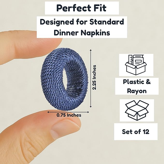 CLEENTABLE Rustic Napkin Rings Set of 12 - Rayon Napkin Holders for Table Decor, Weddings, Dinner Parties & Everyday Dining - Farmhouse Boho Napkin Rings (Blue)