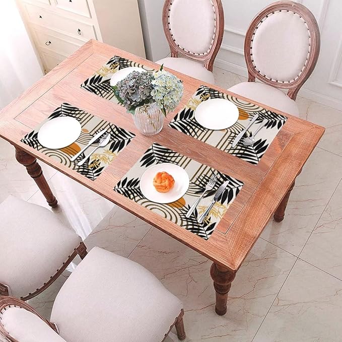 Vintage Mid Century Boho Placemats for Abstract Sun Bamboo Aesthetic Arch Curve Leaves Geometric Washable Place Mats 12x18Inch for Dining Kitchen Farmhouse Decor 6 PCS