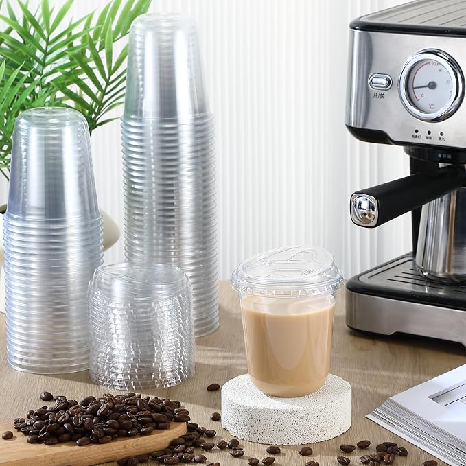 Baderke 100 Pcs Plastic Cups with Sip Lids Round Bottom Disposable Plastic Coffee Cups with Lids Clear Strawless Crystal Mugs for Iced Coffee Smoothie Cold Beverage Party Catering Supplies (14 oz)