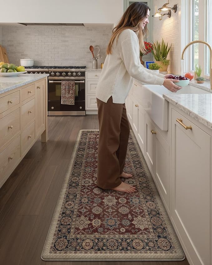 Color&Geometry Anti Fatigue Kitchen Mats for Floor 24x87, Vintage Decor, Easy Clean, Waterproof & Oil Proof, 0.4" Thick Cushioned, Non-Slip Kitchen Runner Rug for Sink, Laundry, Office, Deep Russet