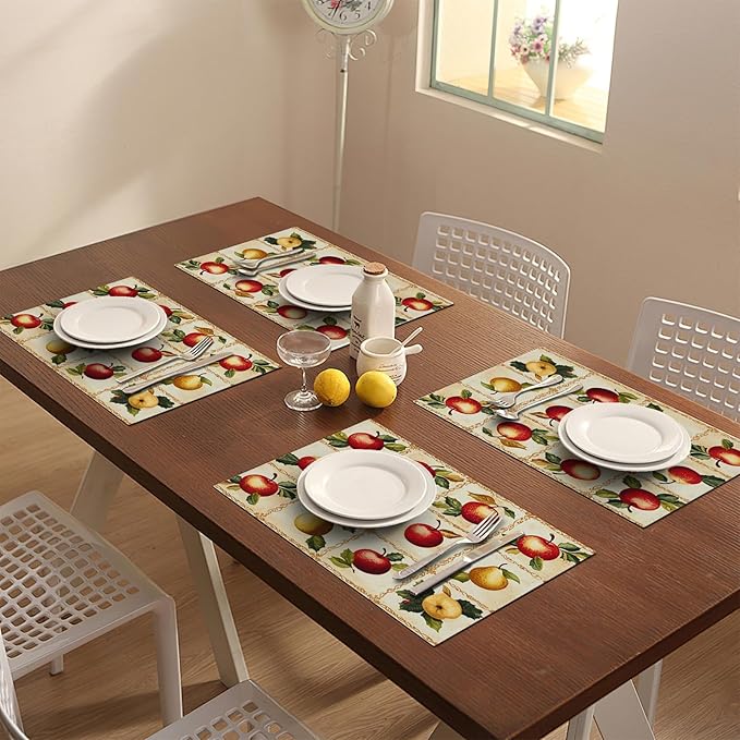 Apple Pear Placemats Set of 4, Retro Fruit Place Mats, Fruits Waterproof Washable Table Mats for Home Party Indoor Kitchen Dining Table Decoration 12x18 Inch