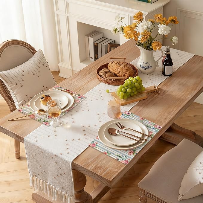 Table Placemats Set of 6, Waterproof Linen Fabric, Non-Slip Backing & Easy Clean, Elegant Dining Table Protectors for Family and Guests(Vintage Floral Countryside)