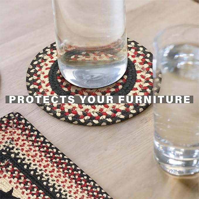 Homespice Primitive Star Gloucester Jute Braided Trivets for Table - Set of 3, Round 8", Black & Red - Rich Colors, Easy to Clean, Durable and Protects Furniture