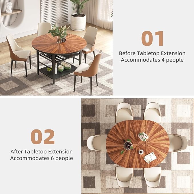 VFK 47.2"-63" Extendable Round Dining Table Set for 4–6, Solid Wood & Metal Table with Wine Rack Storage Shelf, Walnut Kitchen Furniture with 4 Upholstered Chairs (Storage Table and 4 Brown Chairs)