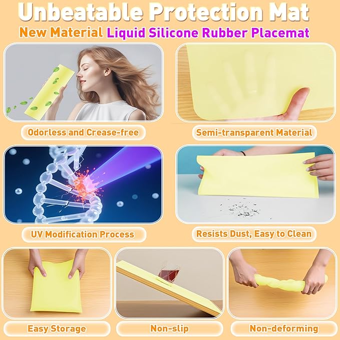 Silicone Placemat Set of 4,Heat Resistant Non-Slip Silicone Mat for Dining Table and Kitchen,Waterproof Wipeable Easy Clean Upgrade Table Mat 15.8"x11.8" Ultra-thin Semi-Transparent (Yellow)