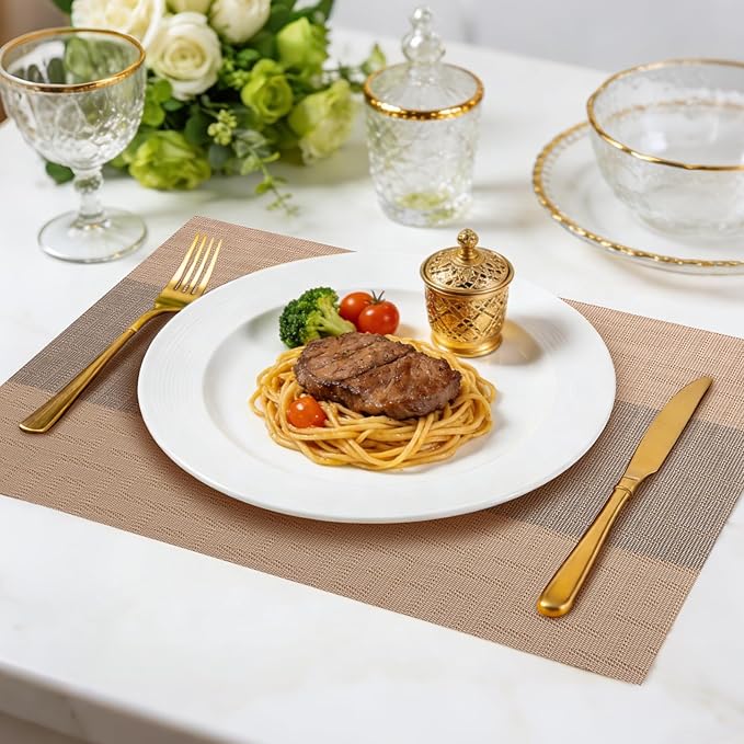 Timeet Placemats Set of 8, Heat Resistant Non-Slip Place Mats for Dining Table, Durable Washable PVC Vinyl Woven Table Mats, Resistant Kitchen Placemats Easy to Clean(Beige & Gray