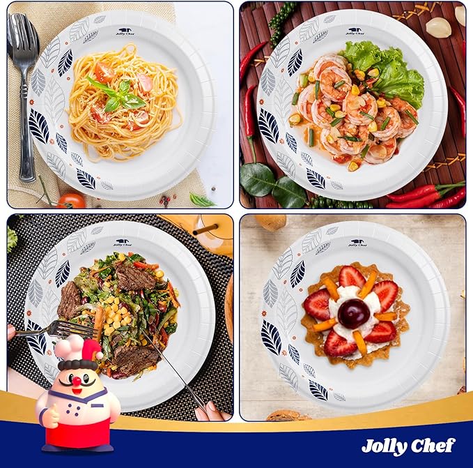 JOLLY CHEF 280 Count Paper Plates 8 inch Soak Proof, Cut Proof, Heavy Duty Leaf Printed Disposable Paper Plates for Everyday Use