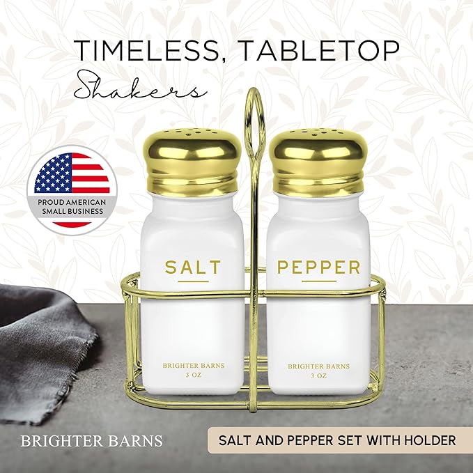 Luxury Salt and Pepper Shakers Set with Holder by Brighter Barns - Modern Kitchen Essentials, White and Gold Kitchen Accessories - Vintage Glass Shakers with Caddy for Restaurant, Airbnb (White/Gold)