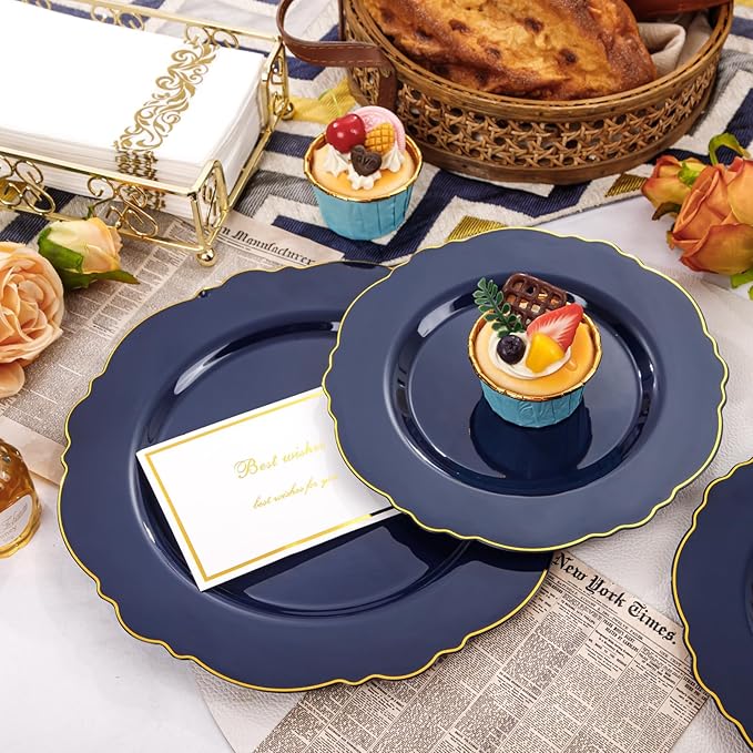 WDF 100pcs Blue Plastic Plates - Baroque Blue&Gold Disposable Plates for Parties/Wedding-50Plastic Dinner Plates 10.25in, 50Salad Plates 7.5in for Party/Birthday/Wedding