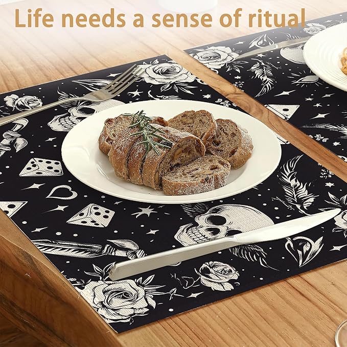 Skull Head Placemats Set of 6,Rose Table Mates Non-Slip Heat Resistant Washable Linen Place Mats for Party Kitchen Dining Decoration Indoor Outdoor 12"x18"