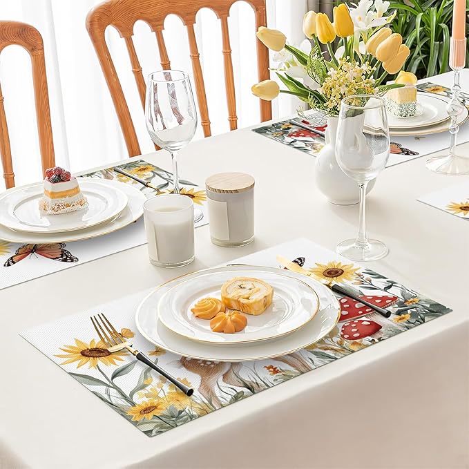 Cute Deer Placemats Set of 4, Sunflower Butterfly Place Mats, Sika Deer Waterproof Washable Table Mats for Home Party Indoor Kitchen Dining Table Decoration 12x18 Inch