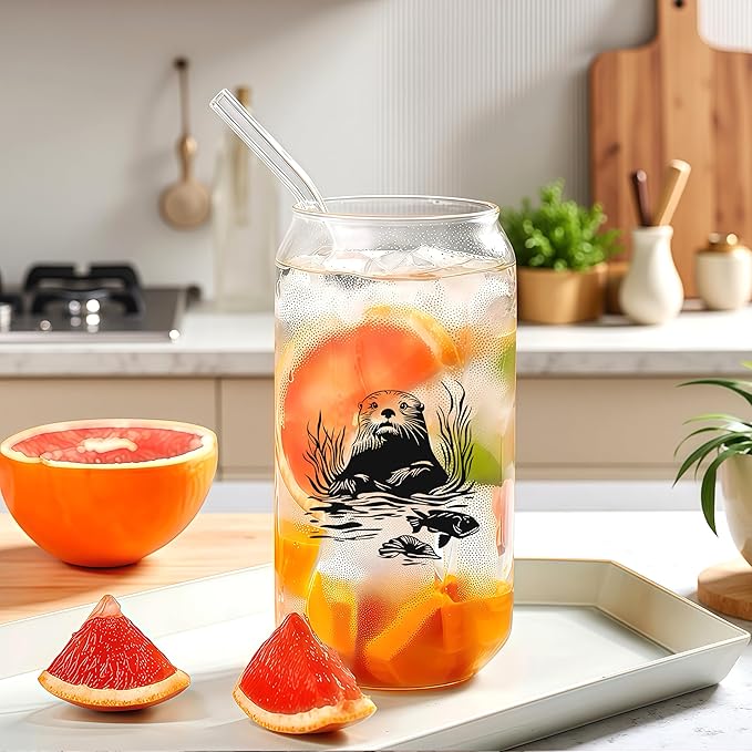 Cute Sea Otter Glass Cup With Lids And Straws, Sea Otter Gift For Women, Iced, Coffee, Smoothie, Cocktail, Beer, Whiskey, Soda, Matcha,16 Oz, Home Office Table Desk Decoration!