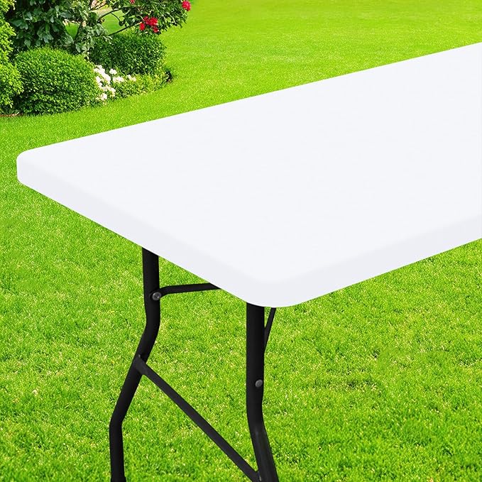 Smiry Rectangle Picnic Table Cloth, Waterproof Elastic Fitted Tablecloths for 8 Foot Tables, Washable Polyester Table Cover for Camping, Indoor and Outdoor (White, 30"x96")