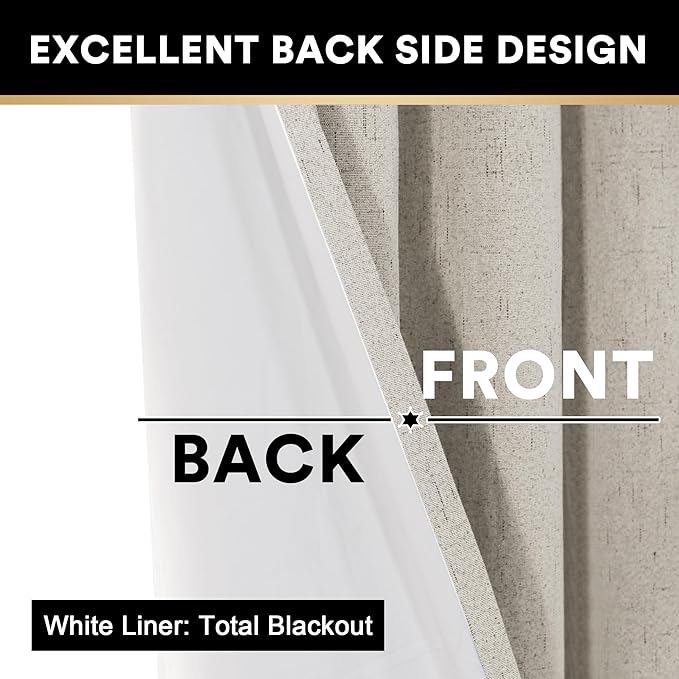 PrinceDeco Linen Texture Curtains Soild 100% Blackout Thermal Insulated with White Liner Blackout Curtains for Bedroom 64 Inches Long 2 Panels,42" Wide,64" Length Noise Reducing Curtains, Stone
