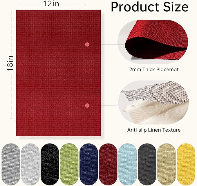 Blue Forest Placemats Set of 6, Dual-Layered Thickened Faux Linen Table Mats Heat Resistant Machine Washable Wrinkle Free Place Mats for Kitchen Dining Outdoor/Indoor (Red)
