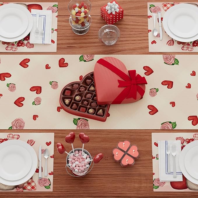 XCHI Roses Flowers Love Hearts Vase Valentine’s Day Table Runner Table Decoration for Party Home Kitchen Dining Dinner Holiday Decor 13x36 Inch