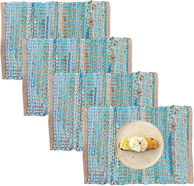 Perilla Home Natural Chindi Jute Placemats Set of 4 Vintage Boho 13x19 Inch Table Mats for Kitchen Dining Home Decor Rectangle Turquoise Stripe Rustic Placemat