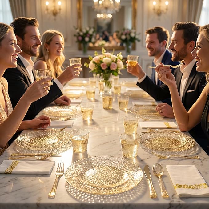 Rubtlamp 350 Pcs Gold Glitter Plastic Plates, Hammered Disposable Plates Set (50 Guests), Glitter Dinnerware Set Include 100 Plastic Plates, 150 Glitter Silverware, 50 Cups And 50 Napkins