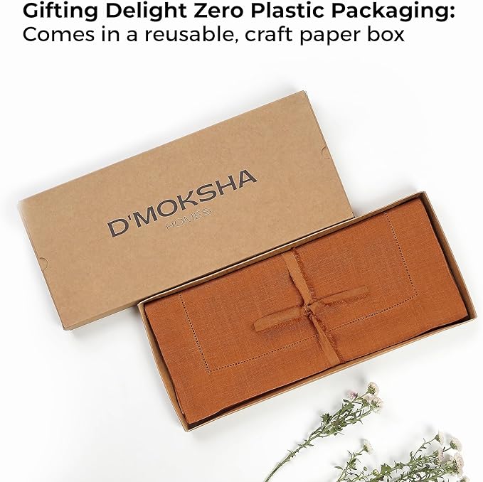 D'Moksha Homes Linen Rust Table Runner 84 Inches Long - 100% Pure Linen Table Runner 14 x 84 Inch for Spring, Easter - Classic Hemstitch