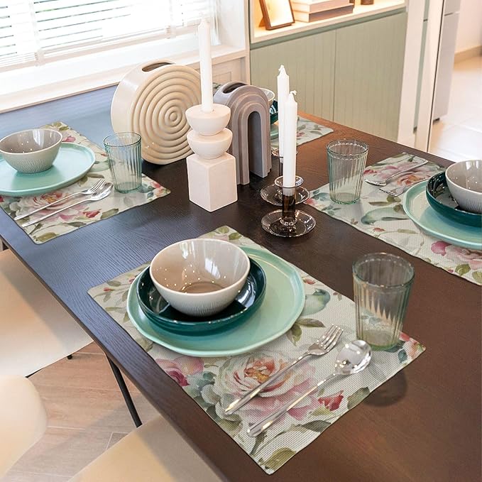Floral Placemats Set of 4 Vintage Watercolor Bird Flower Decor Place Mats 12x18 Inch Spring Summer Seasonal Decorative Linen Table Mats for Home Kitchen Dining Party Table Decoration