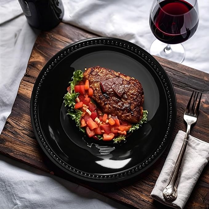 Melamine Beaded Dinner Plate Set of 6, 11inch, Black, BPA Free, Platter, Serving Dishes, Chip & Break Resistant, Lightweight, Durable, Great for Dining, BBQs, Picnics, Weddings & Everyday Meals
