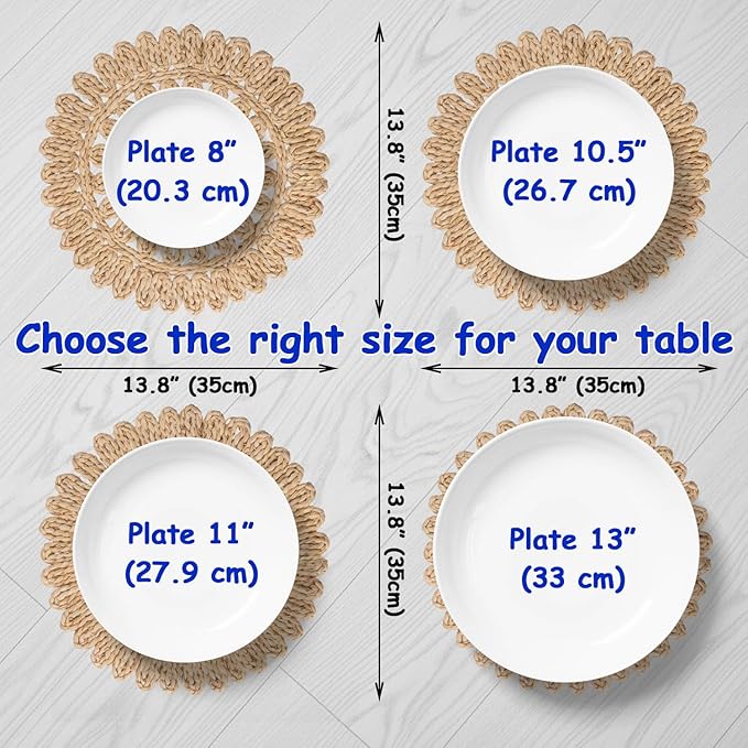 13.8" Round Corn Husk Placemats | Boho Woven Rattan Table Mats | Natural Spring Farmhouse Plate Chargers | Handmade Rustic Wicker Place Mats for Christmas Wedding (Set of 6)