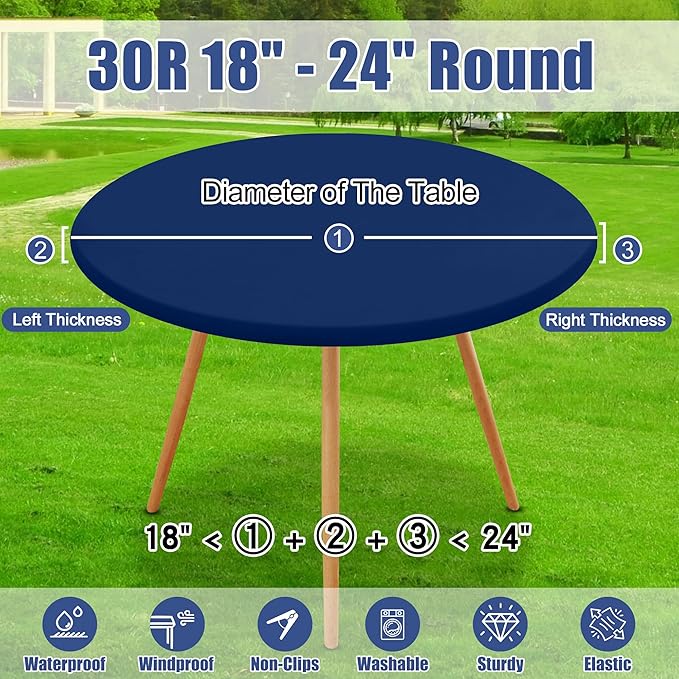 Round Spandex Tablecloth 2 Pack, Elastic Fitted Waterproof Tablecloths for 18"-24" Tables, Stretch Washable Picnic Table Cover for Camping, Dining, Indoor and Outdoor, Navy