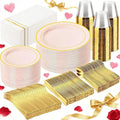 GATHER 350PCS Pink Plastic Plates - Disposable Plastic Dinnerware Set Include 100 Pink Plates, 150 Silverware, 50 Napkins, 50 Cups for Party & Wedding & Valentine's Day