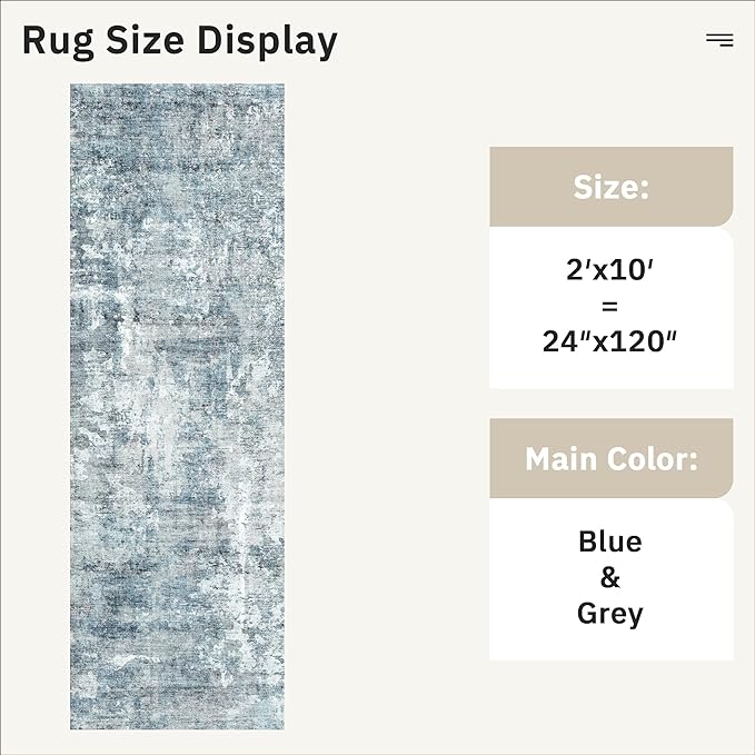 Runner Rug 2'x10' Abstract Washable Non-Slip Runner Rugs for Kitchen Bathroom Laundry Room Blue Vintage Floor Carpet Runners for Hallway Entryway