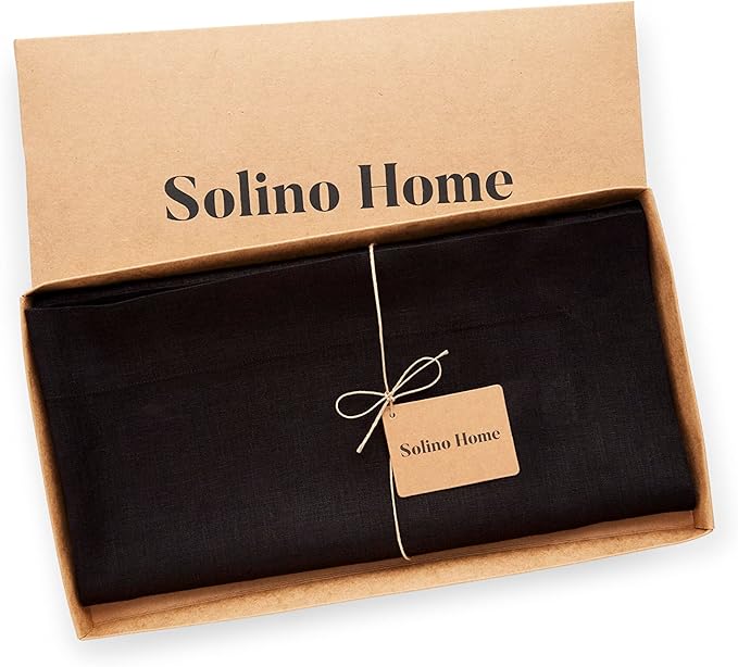Solino Home Black Linen Tablecloth 52 x 52 Inch - 100% Pure Linen Square Table Throw - Fete, Machine Washable Table Cloth for Winter, Easter