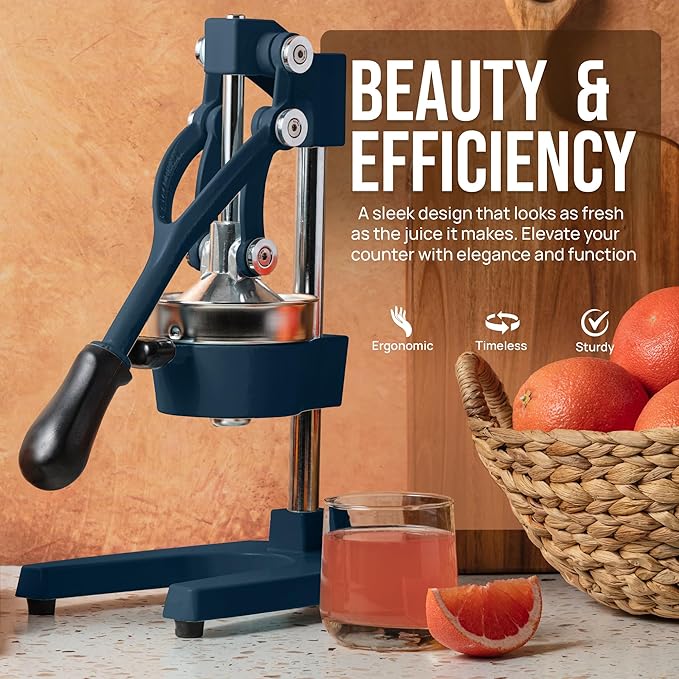 Zulay Kitchen Cast Iron Juicer - Easy-to-Clean Heavy-Duty Manual Juicer, Professional Citrus Juicer - Stainless Steel Lemon Squeezer - Manual Citrus Press & Orange Squeezer - Orange Juicer – Navy