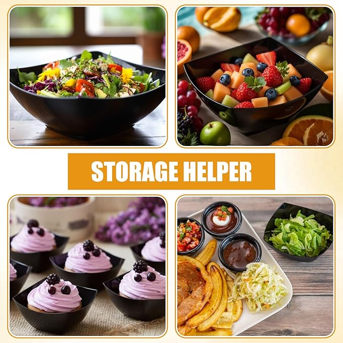 Tanlade 50 Pcs Square Plastic Serving Bowls Disposable Snack Salad Bowl Small Party Candy Bar Containers Taco Bar Serving Dishes for Buffet Chips Fruit (4 oz,Black)