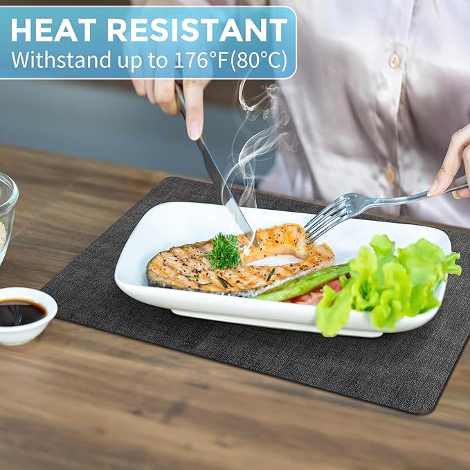 Placemats Set of 12 Washable, Heat Resistant Table Placemats Wipeable Faux Leather Place Mats Non Slip, Waterproof Square Table Mats for Indoor Outdoor, Charcoal Gray