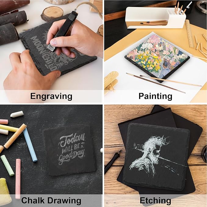 Slate Coasters Set of 6,4-Inch Black Square Stone Drink Coasters with Scratch-Resistant Backing,Durable Tabletop Protection for Home Office Kitchen,Ideal Housewarming Wedding Gifts