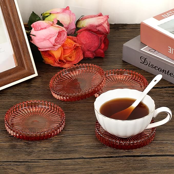 JUXYES 5 Pack Amber Tone Crystal Coasters Round Cup Mat, Glass Coasters for Drinks Coffee Tea Wine, Decorative Wine Bottle Coaster, Crystal Drink Coaster for Restaurant bar Kitchen Dining Table