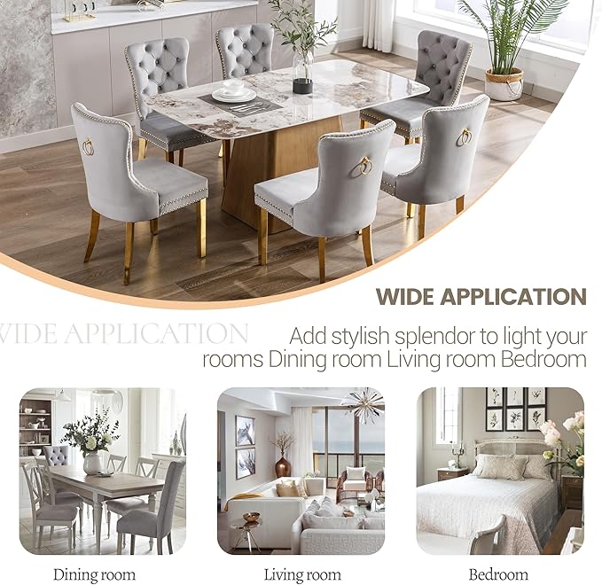 KCC Velvet Dining Chairs Set of 4, Upholstered High-end Tufted Dining Chair with Nailhead Back Ring Pull Trim Stainless Steel Legs, Contemporary Nikki Collection Modern Style for Kitchen, Light Gray