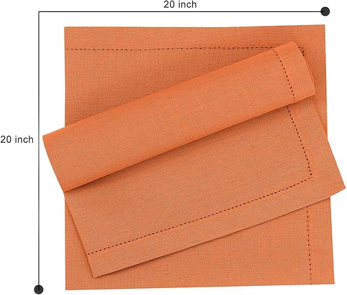 Ruvanti Premium Linen Napkins Set of 6-20x20 Inch, Classic Hemstitch, Mitered Corner Cloth Napkins ‎- Soft, Elegant Dinner Napkins Cloth Washable for Weddings, Parties, Everyday Use - Fall/Orange