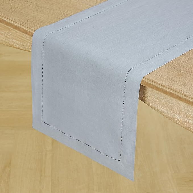 Solino Home Linen Dusty Blue Table Runner 72 Inches Long - 100% Pure Linen Hemstitch Table Runner 14 x 72 Inch for Dresser, Dining, Winter, Spring, Easter - Classic Hemstitch