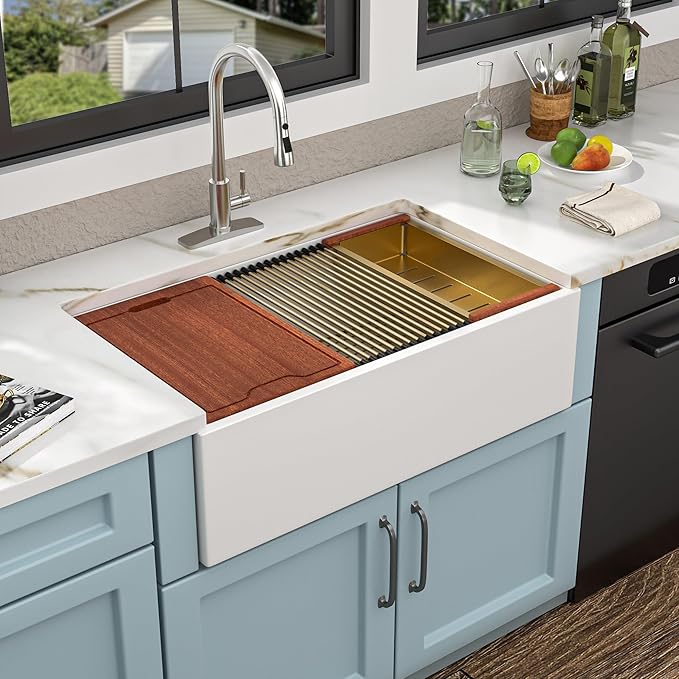 33"x20" White Farmhouse Sink Workstation – Reversible Flat Apron Front with Ledge, White Porcelain Ceramic Fireclay Single Bowl Luxury Farm Kitchen Sink Basin