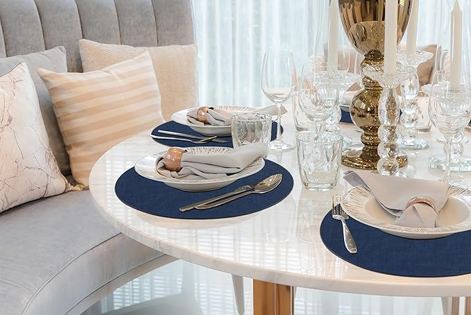 homing Round Faux Leather Placemat and Coaster 4 Packs, Washable Heat Resistant Dining Place Mats, Wipeable Double-Sided Table Mats for Indoor and Outdoor, Diameter 13 and 3.93 inch, Navy