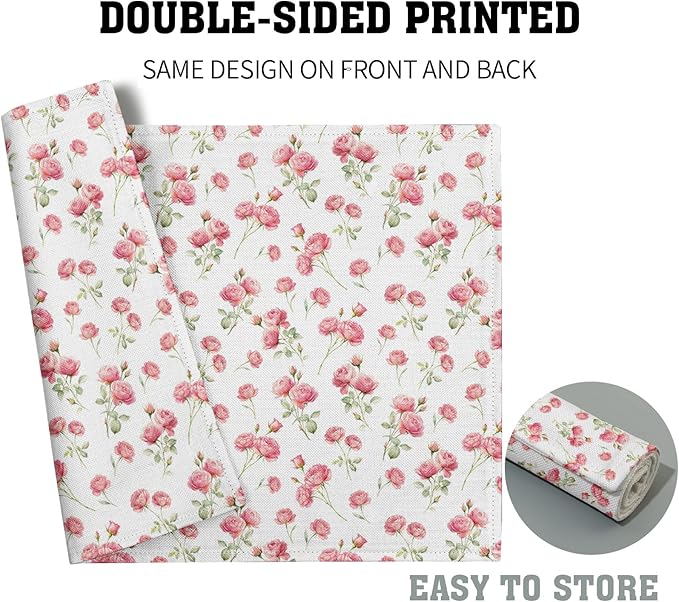 Pink Place Mats - Rose Placemats Set of 4 Floral Flower Table Mats 12x18 for Party Kitchen Dining