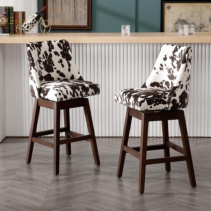 Counter Height Bar Stools Set of 2, Velvet Swivel Kitchen Stool Chairs with Back Mid Century Modern Barstool with Distressed Wood Legs for Dining Bar, Cow