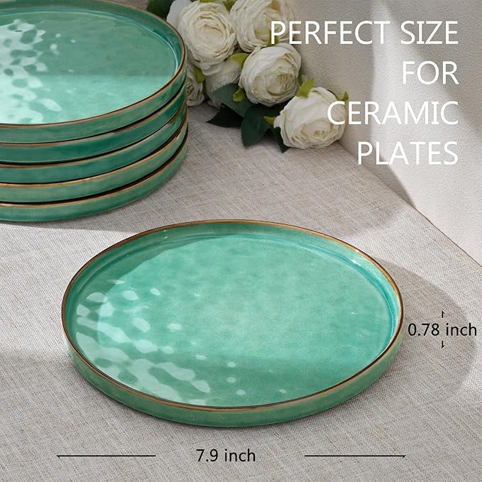 LIANYU 7.9 Inch Dessert Plates of 4, Kitchen Ceramic Dinner Plates Set, Dinnerware Serving Dishes Set, Dinnerware Salad Appetizer Plates for Microwave Dishwasher Oven, Chip Resistant, Emerald Green
