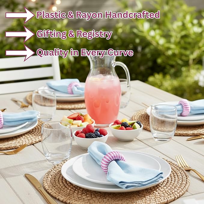 ALPHA Living HOME Napkin Rings Set - 12-Piece Elegant Round Plastic & Rayon Napkin Holders for Dining Table Decor, for Wedding, Party, Holiday, Banquet, Kitchen, Everyday Use (Pink White)