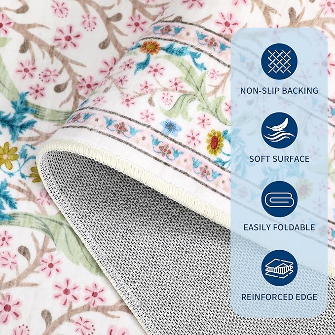 GarveeHome Floral 3x5 Area Rugs for Entryway, Washable Kitchen Rug Non Slip, Low Pile Bedroom Rug, Ultra Soft Stain Resistant Small Carpet for Laundry Room, Pink