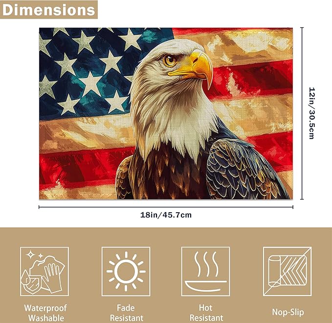 American Flag Placemats Set of 6, Linen Washable for Christmas, Thanksgiving, Party, and Daily Dining, Retro Eagle Decorative Table Mats for 4-6 Person Table